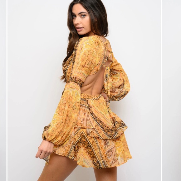Yellow paisley print long sleeve open back side cutout mini dress Small NWT - Picture 3 of 10